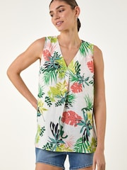 Roman Green Leaf Print Pleat V-Neck Vest Top - Image 1 of 4