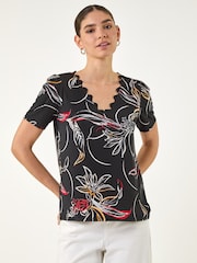 Roman Black Floral Print Scallop Detail Top - Image 1 of 4