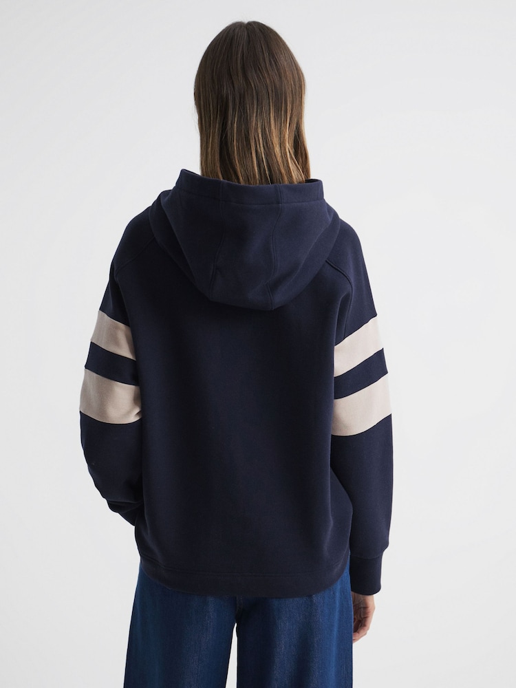 Reiss Navy/Stone Dee Cotton Blend Striped Hoodie - Image 5 of 5