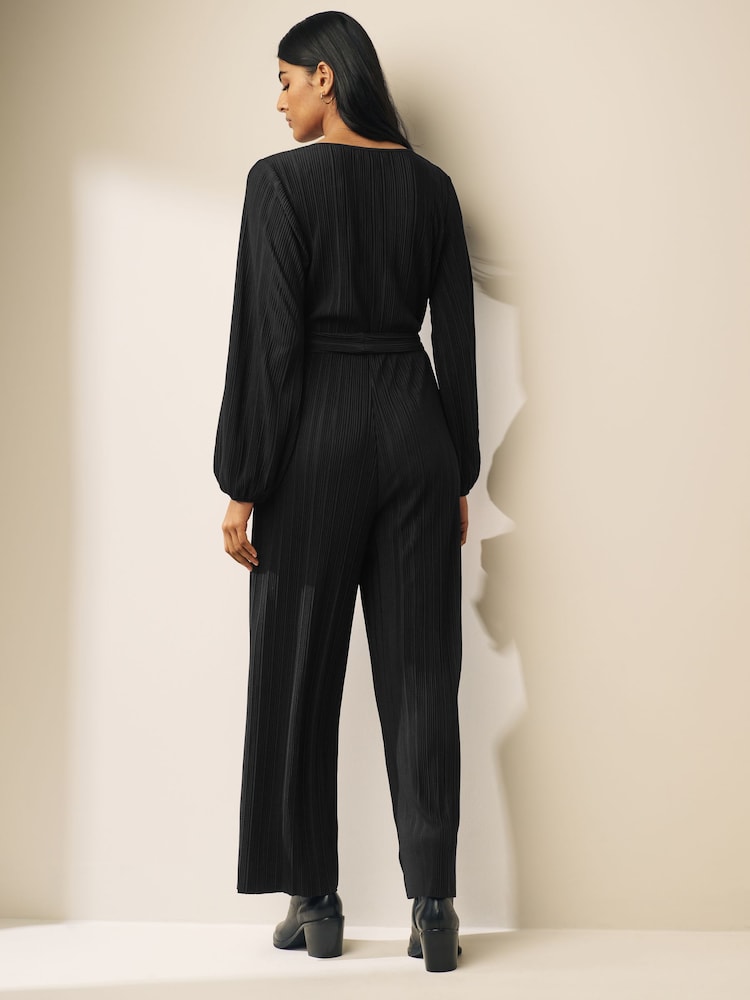 Black Long Sleeve Plissé Jumpsuit - Image 2 of 6