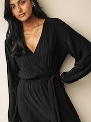 Black Long Sleeve Plissé Jumpsuit - Image 3 of 6