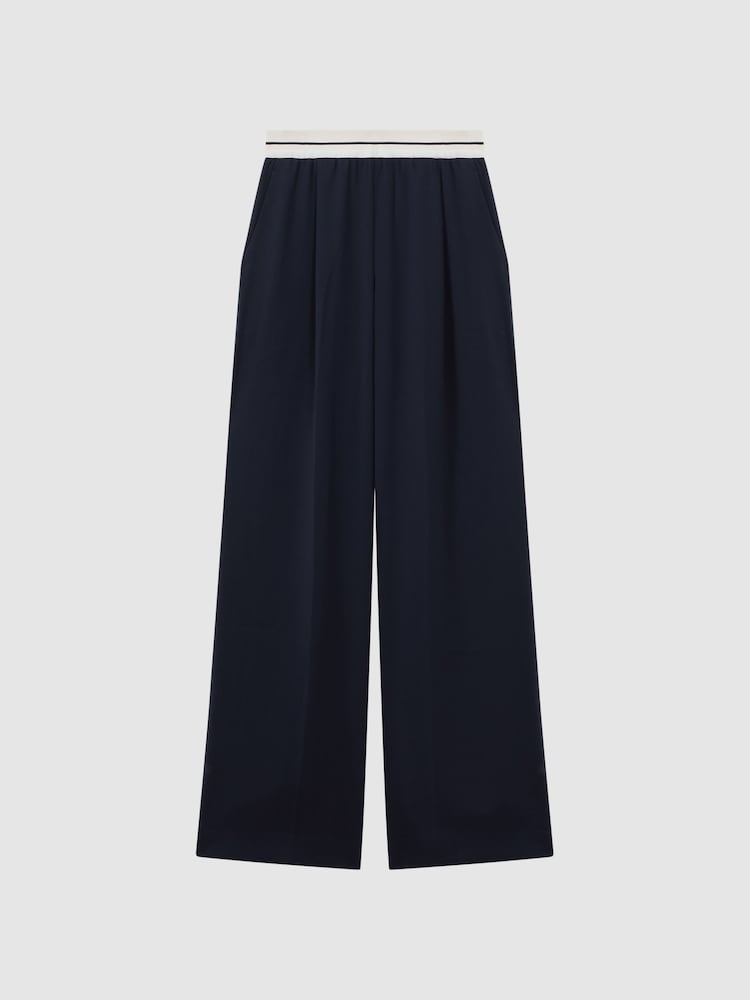 Reiss Navy Abigail Petite Wide Leg Elasticated Trousers - Image 2 of 7