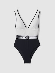 Reiss White/Navy Willow Colourblock Belted Swimsuit - Image 2 of 5