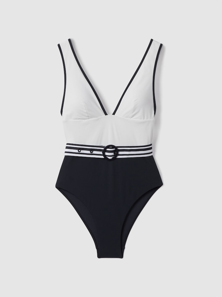 Reiss White/Navy Willow Colourblock Belted Swimsuit - Image 2 of 5