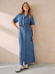 Mid Blue Fuller Bust Button Through Denim Summer Dress - Image 1 of 5
