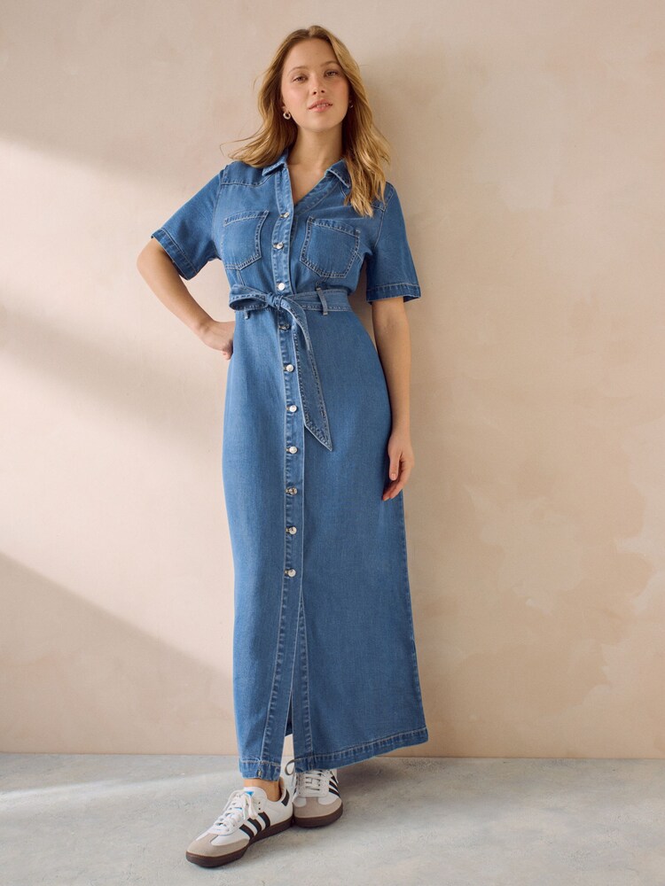 Mid Blue Fuller Bust Button Through Denim Summer Dress - Image 1 of 5 Mid Blue Fuller Bust Button Through Denim Summer Dress - Image 1 of 5