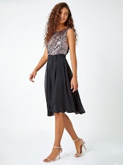 Roman Pink Sequin Chiffon Fit & Flare Dress - Image 3 of 5