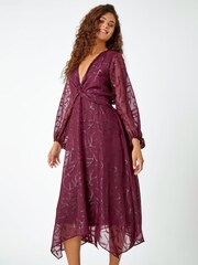 Roman Purple Textured Floral Twist Front Midi Dress - Image 1 of 5