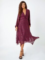 Roman Purple Textured Floral Twist Front Midi Dress - Image 2 of 5