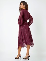 Roman Purple Textured Floral Twist Front Midi Dress - Image 3 of 5