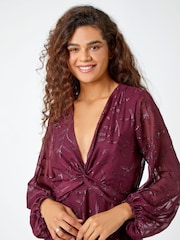 Roman Purple Textured Floral Twist Front Midi Dress - Image 4 of 5