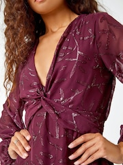 Roman Purple Textured Floral Twist Front Midi Dress - Image 5 of 5