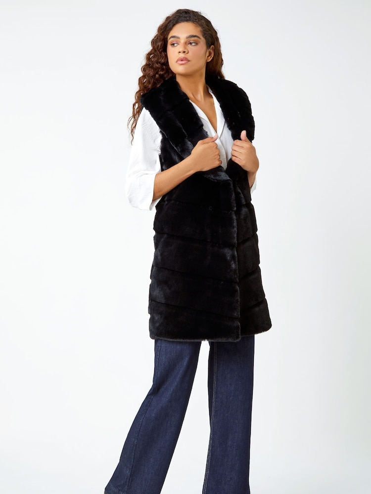 Roman Black Faux Fur Longline Gilet - Image 1 of 5