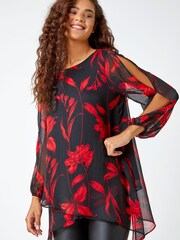 Roman Red Floral Chiffon Layered Tunic Top - Image 1 of 5