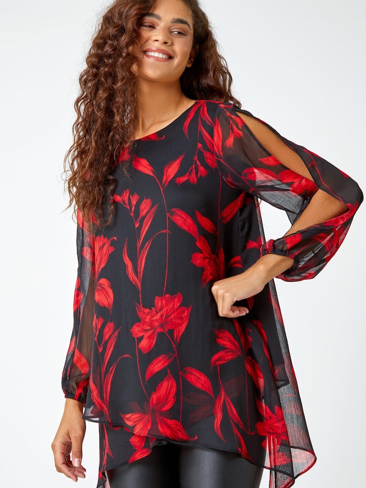 Roman Red Floral Chiffon Layered Tunic Top - Image 1 of 5