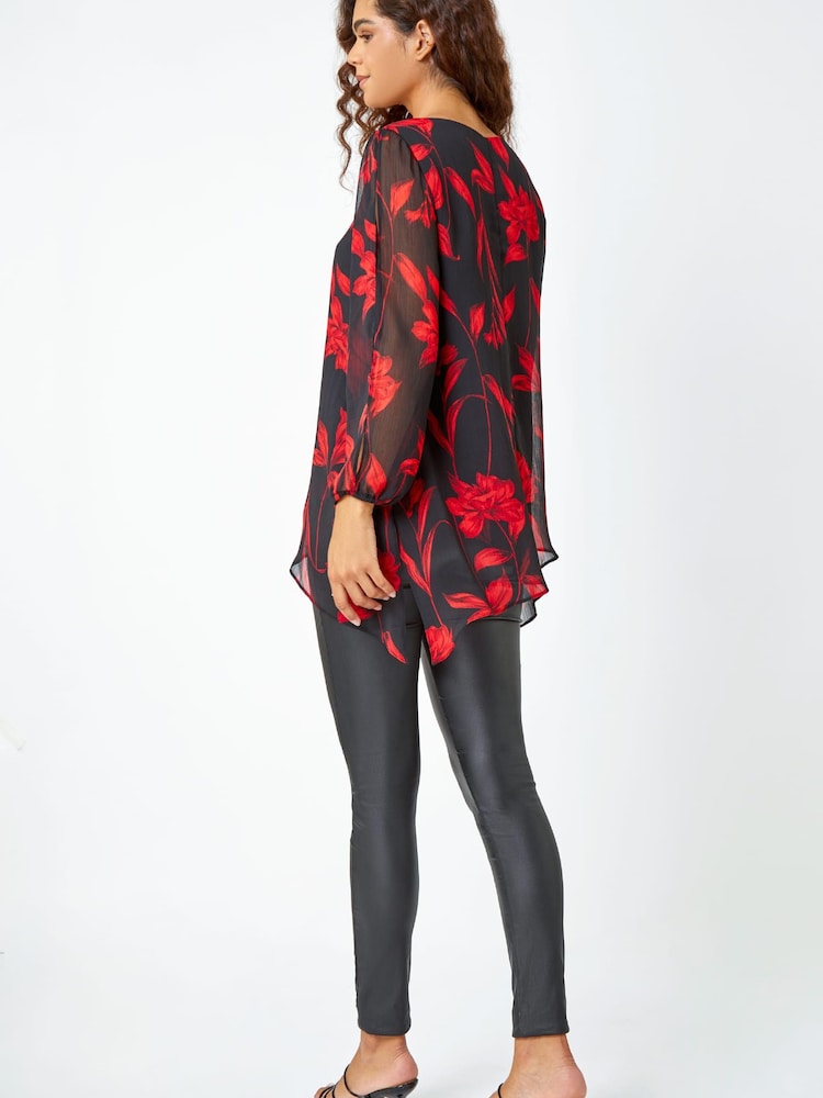 Roman Red Floral Chiffon Layered Tunic Top - Image 2 of 5
