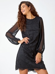 Roman Black Floral Lace Chiffon Sleeve Shift Dress - Image 1 of 5