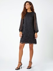 Roman Black Floral Lace Chiffon Sleeve Shift Dress - Image 2 of 5