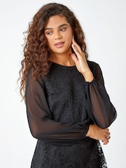 Roman Black Floral Lace Chiffon Sleeve Shift Dress - Image 4 of 5
