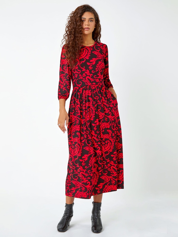 Roman Red Paisley Pocket Stretch Midi Dress - Image 1 of 5
