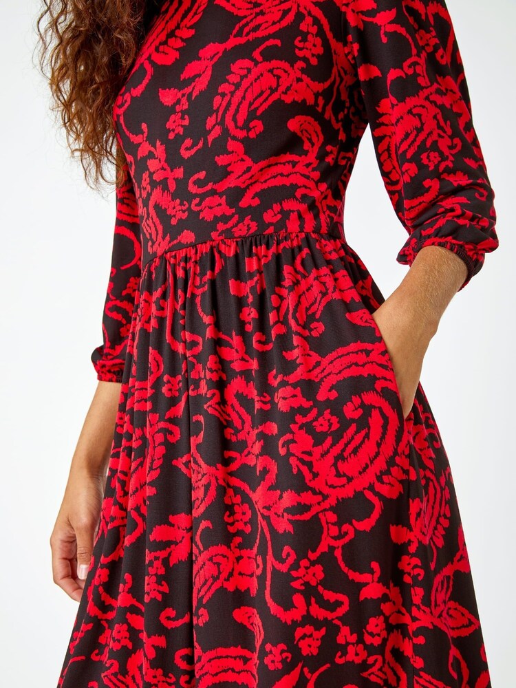 Roman Red Paisley Pocket Stretch Midi Dress - Image 5 of 5