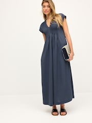 Navy Blue Short Sleeve Pintuck Maxi Dress - Image 1 of 6