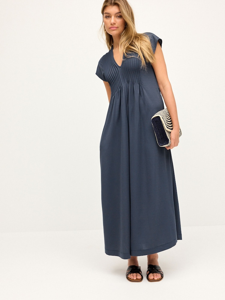 Navy Blue Short Sleeve Pintuck Maxi Dress - Image 1 of 6