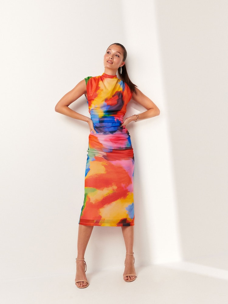 Mehrere leuchtende Farben - Hochgeschlossenes Midikleid aus Netzstoff - Bild 1 von 6