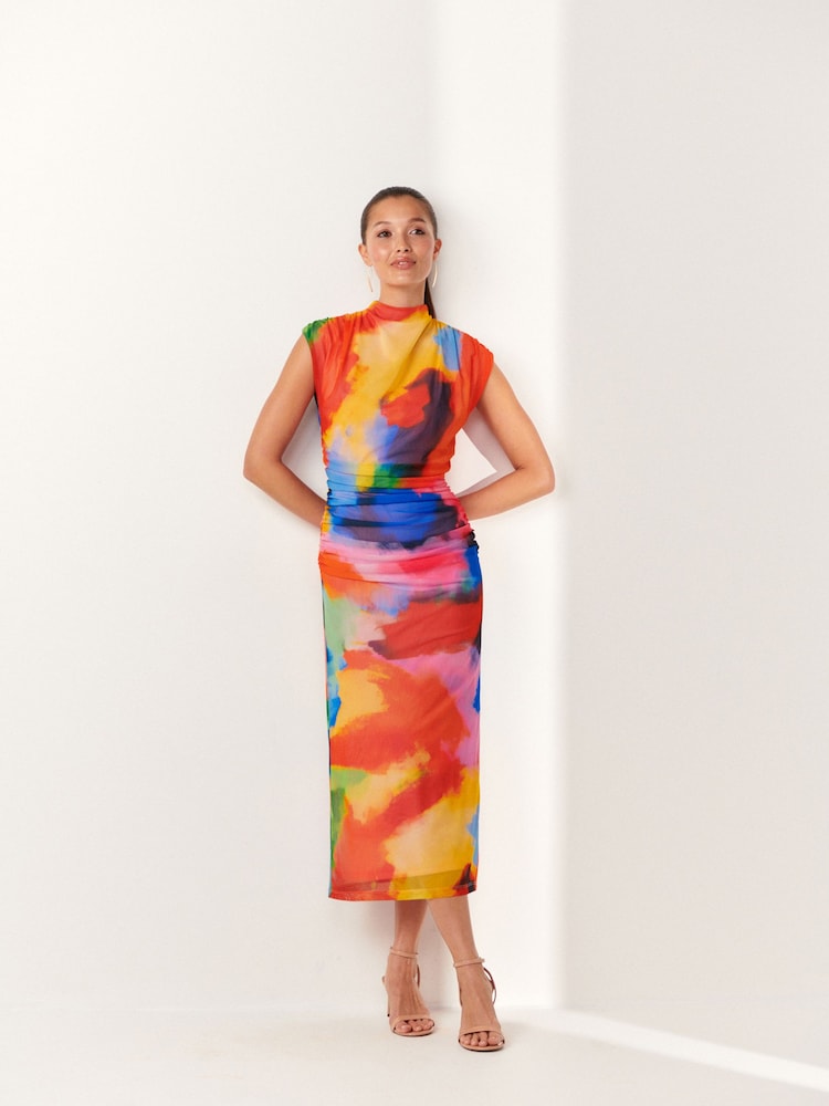 Mehrere leuchtende Farben - Hochgeschlossenes Midikleid aus Netzstoff - Bild 2 von 6
