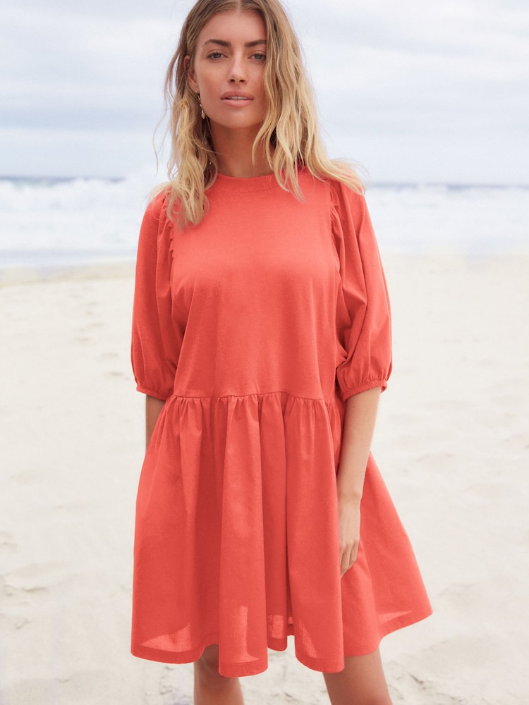 Coral Pink Puff Sleeve Mini Jersey Dress - Image 1 of 5