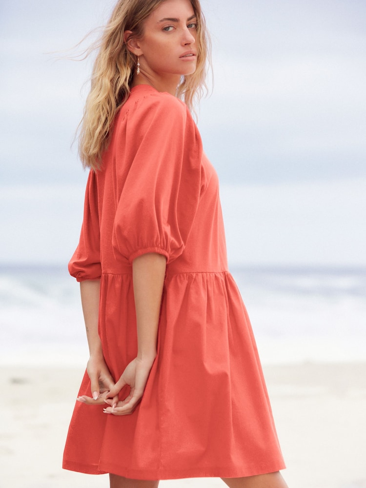 Coral Pink Puff Sleeve Mini Jersey Dress - Image 2 of 5