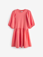 Coral Pink Puff Sleeve Mini Jersey Dress - Image 4 of 5