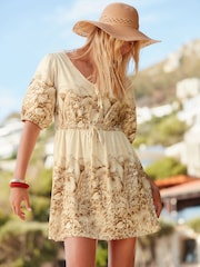 Ecru Print Puff Sleeve Woven Mix Summer Dress - Image 1 of 4