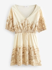 Ecru Print Puff Sleeve Woven Mix Summer Dress - Image 3 of 4
