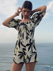 Ecru mit Zitronenprint - Sommeroverall mit Puffärmeln aus 100 % Baumwolle - Bild 1 von 5