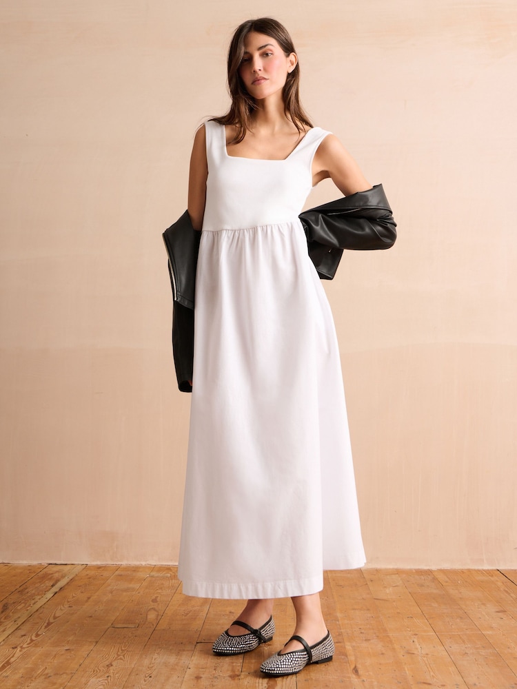 White 100% Cotton Square Neck Maxi Summer Jersey Dress - Image 1 of 4