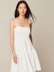 White - Textured Tiered Jersey Summer Strappy Mini Dress - Image 1 of 6