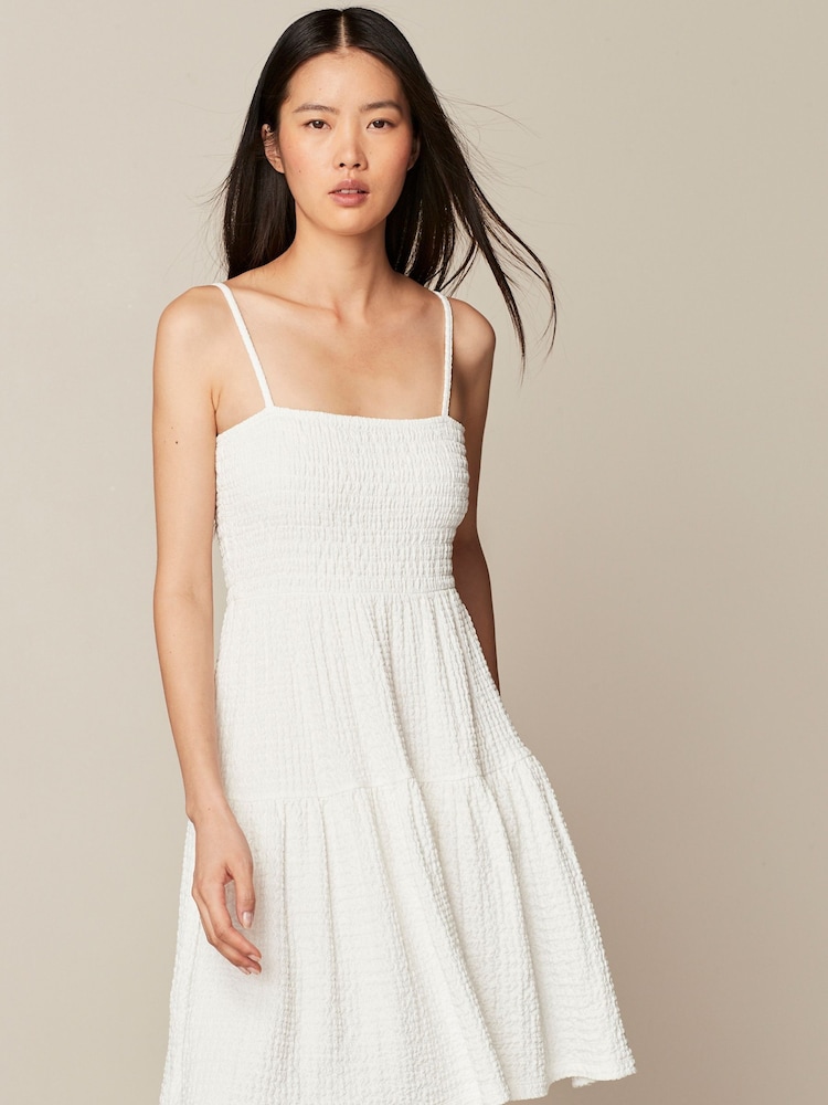 White - Textured Tiered Jersey Summer Strappy Mini Dress - Image 1 of 6