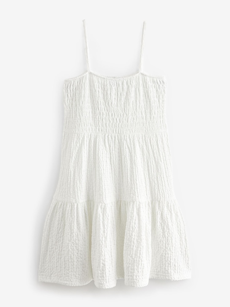 White - Textured Tiered Jersey Summer Strappy Mini Dress - Image 6 of 6