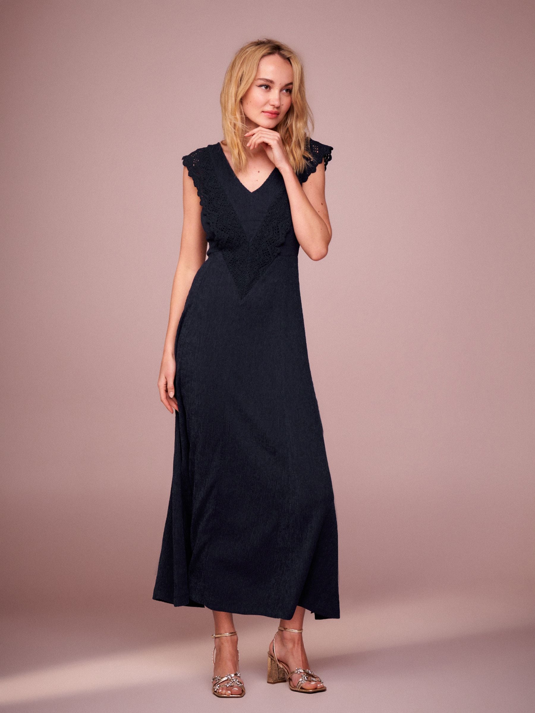 Navy crochet cap sleeve midi dress best sale