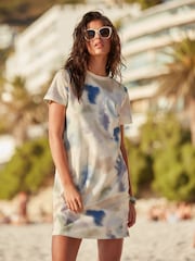 Aqua/White/Pink Crew Neck Short Sleeve T-Shirt Dress - Image 1 of 4