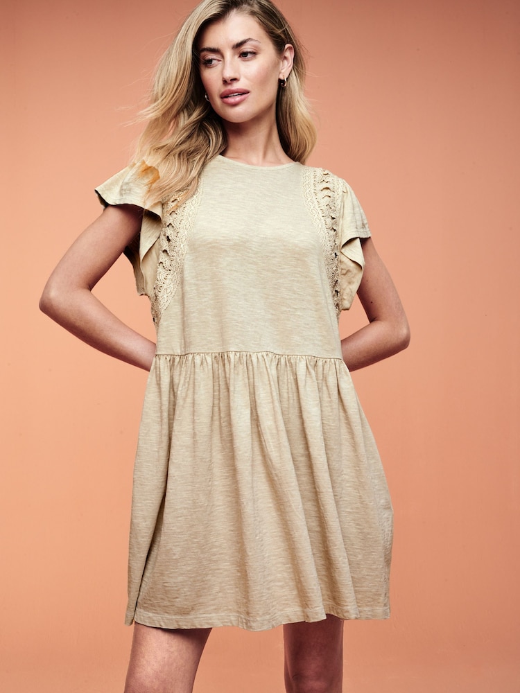 Cream Crochet Trim Short Sleeve Mini Dress - Image 1 of 6