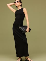 Black Sleeveless Racer Neck Ribbed Maxi Dress - Image 1 of 6