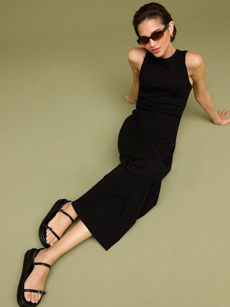 Black Sleeveless Racer Neck Ribbed Maxi Dress - Image 2 of 6