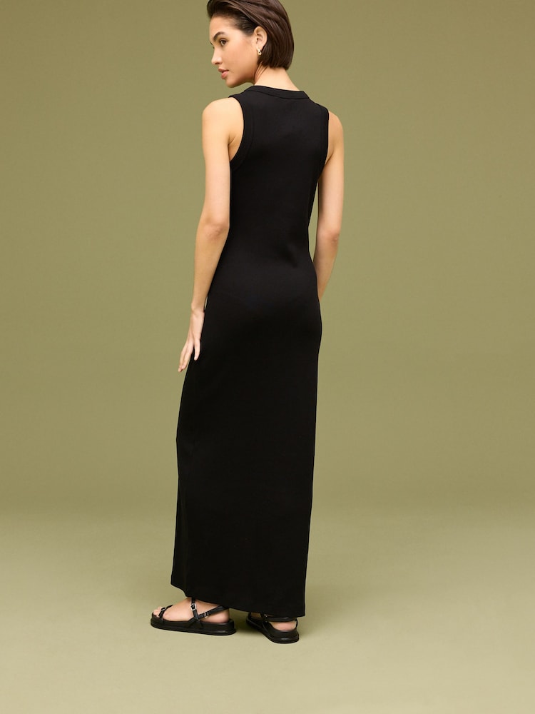 Black Sleeveless Racer Neck Ribbed Maxi Dress - Image 3 of 6