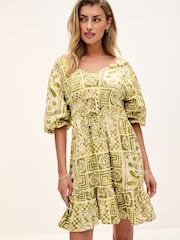 Green Tile Print Puff Sleeve Woven Mix Summer Dress - Image 1 of 5