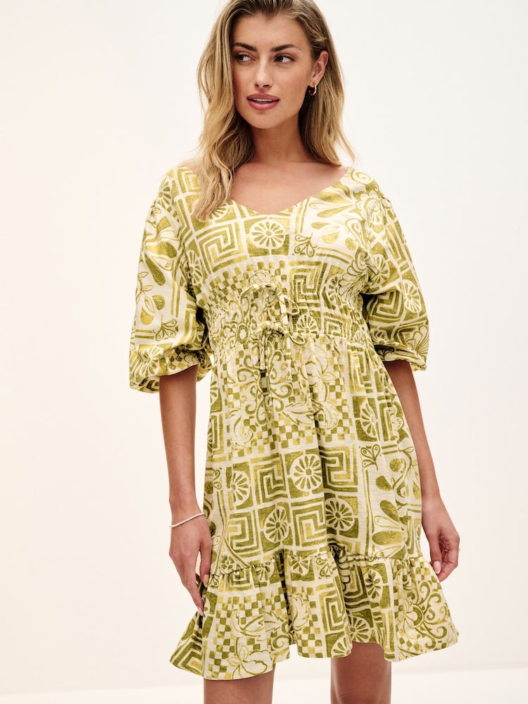 Green Tile Print Puff Sleeve Woven Mix Summer Dress - Image 1 of 5