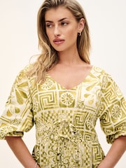 Green Tile Print Puff Sleeve Woven Mix Summer Dress - Image 3 of 5