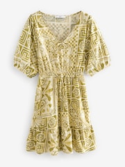 Green Tile Print Puff Sleeve Woven Mix Summer Dress - Image 4 of 5