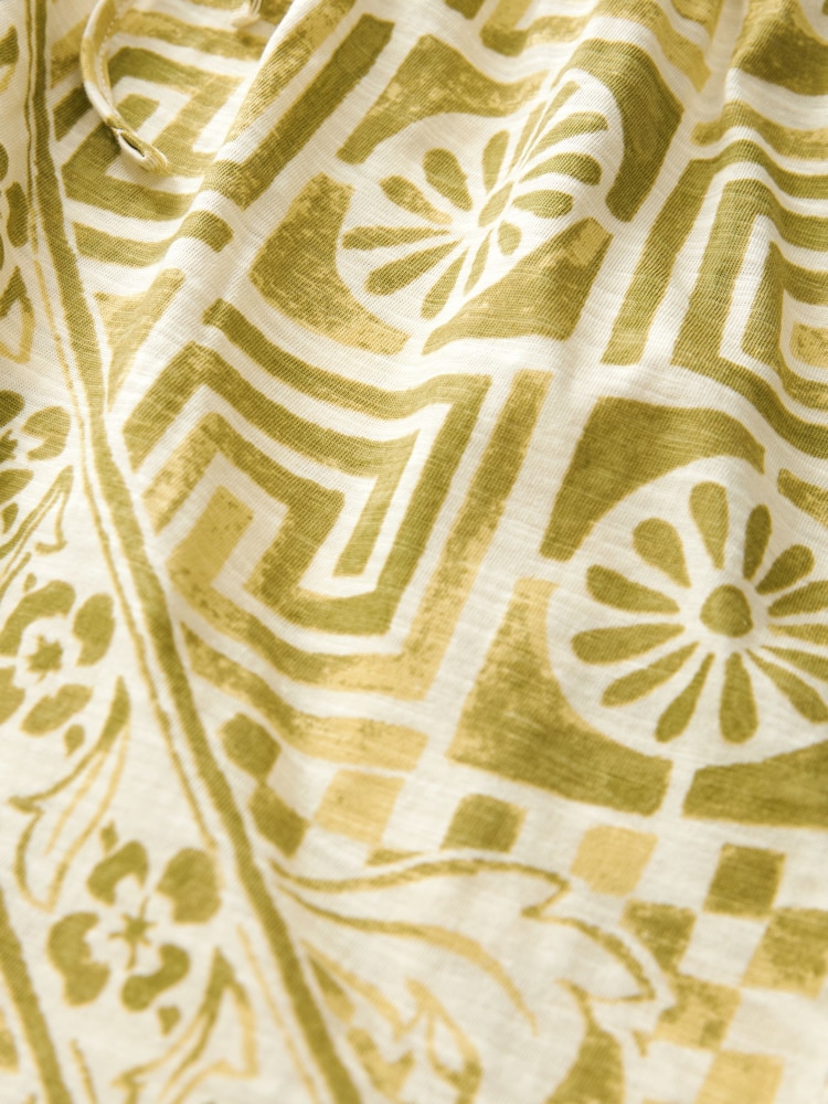 Green Tile Print Puff Sleeve Woven Mix Summer Dress - Image 5 of 5
